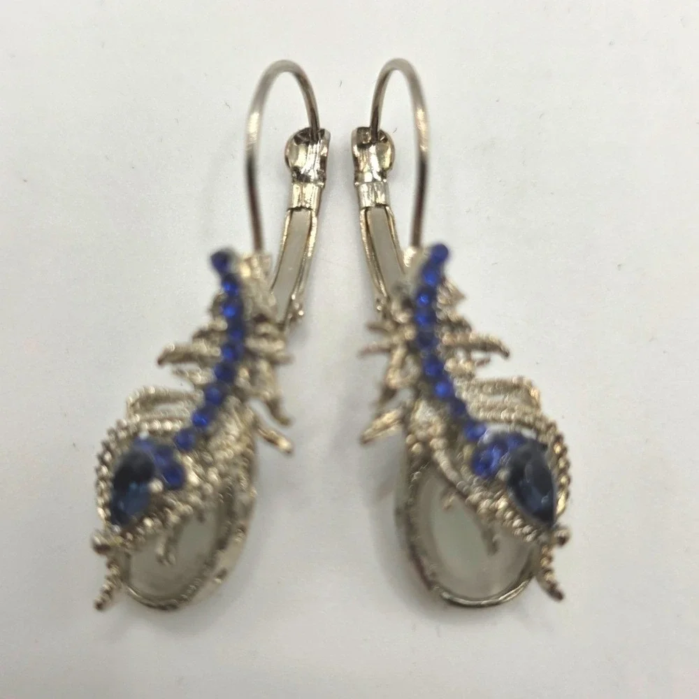 Silver‎ Tone Blue Crystal Scorpion Drop Earrings Lever Back Gothic Statement